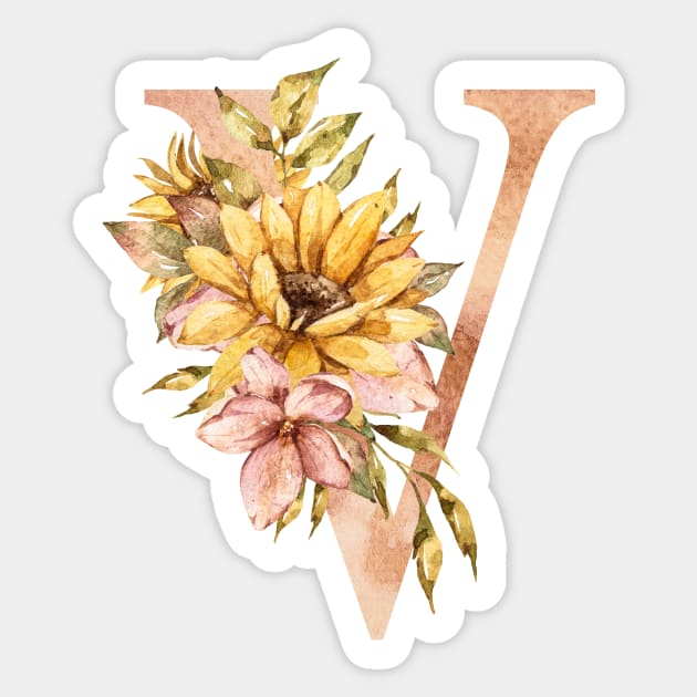 Watercolor sunflower bouquet monogram letter V Sticker by tiana geo